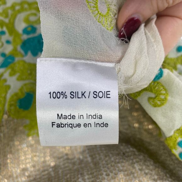 NAMRATA JOSHIPURA Floral Embroidered Silk Blouse Teal Gold Sequins Tassels Sz M - Picture 5 of 11